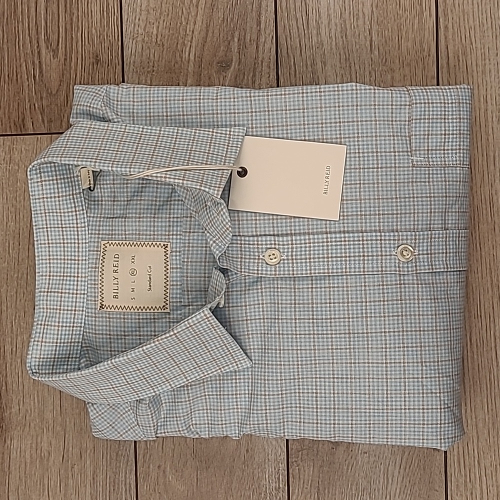 BILLY REID Clay Blue Tan‎ Plaid Cotton Sz XL Standard Cut Long Sleeve Shirt NEW
